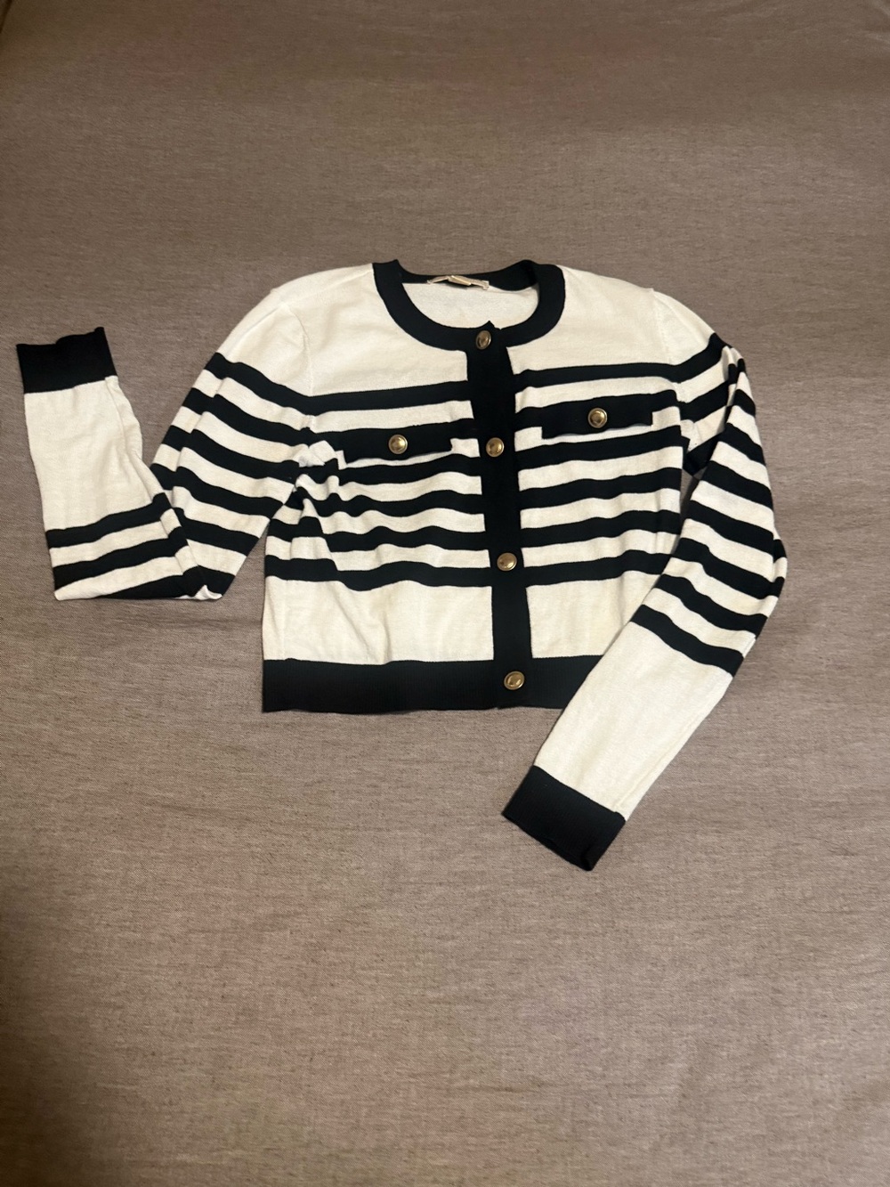 Michael Kors Black and White Striped Cropped Cardigan with Gold Buttons